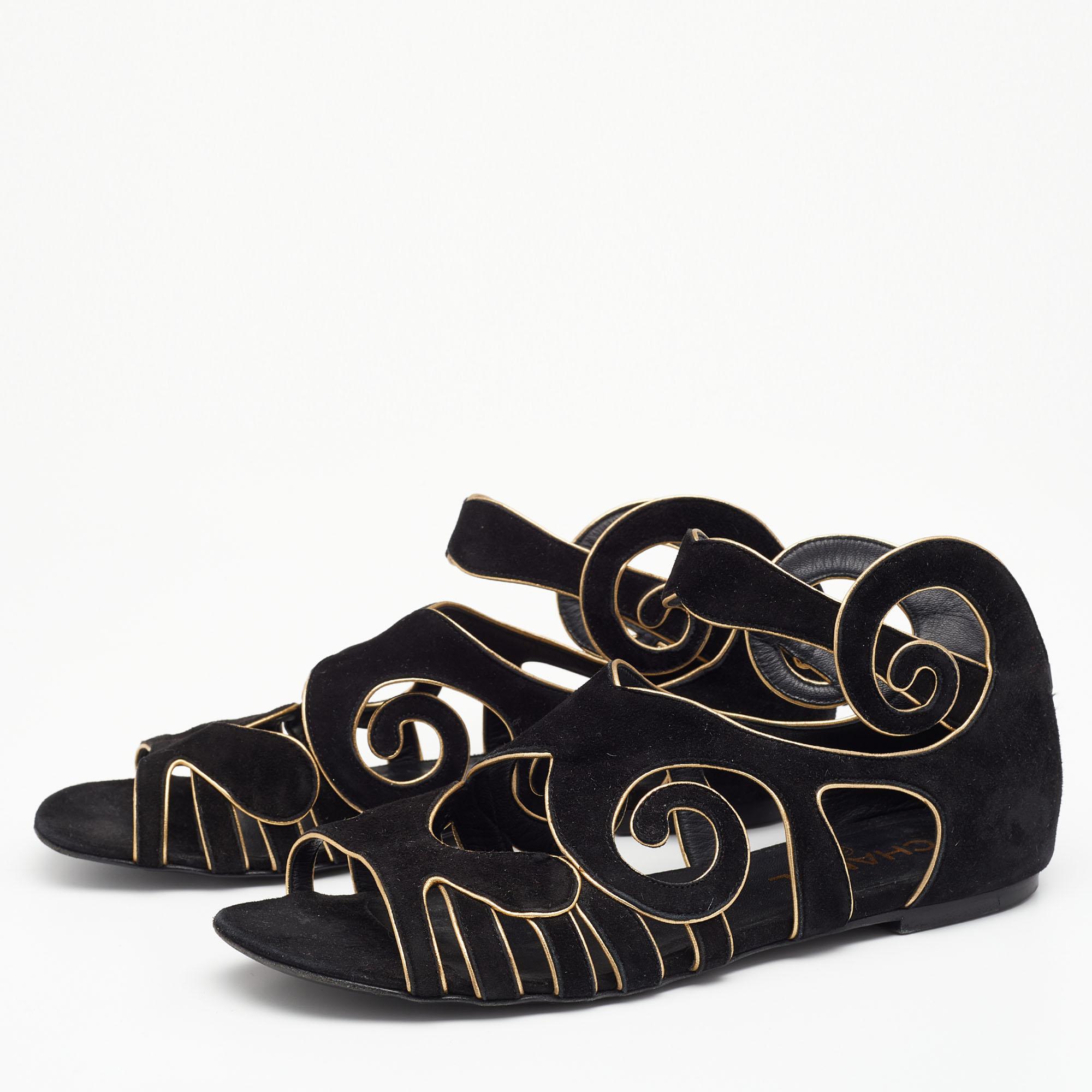 Women's Chanel Black/Gold Suede Gladiator Flat Sandals Size 38.5