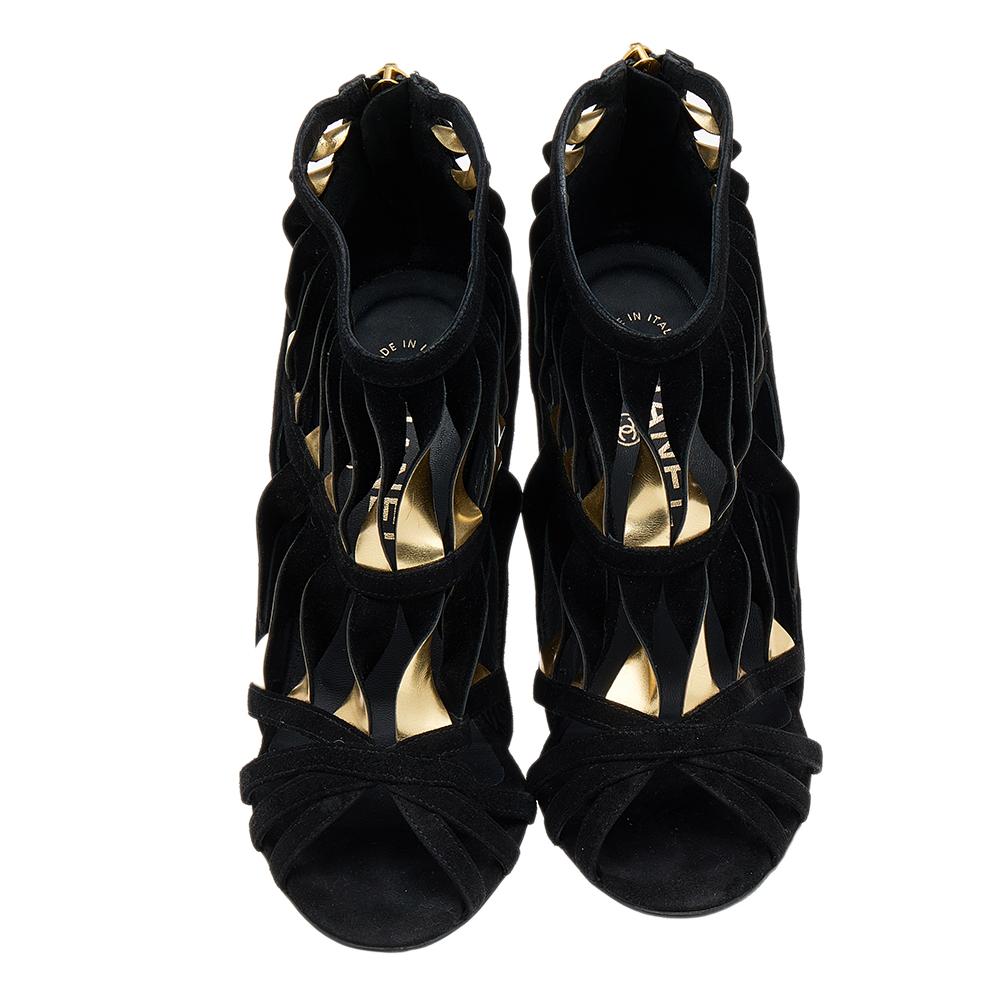 Chanel Black/Gold Suede Leather CC Strappy Wedge Sandals Size 36 For Sale 1