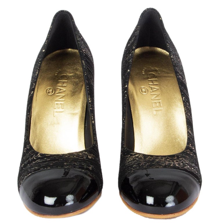 Chanel Black & Gold Suede Pearl Heel Pumps Shoes 38.5