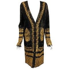 Chanel Black 
Gold Tone Cotton Knit Jacquard  Print  Long Sleeve Dress