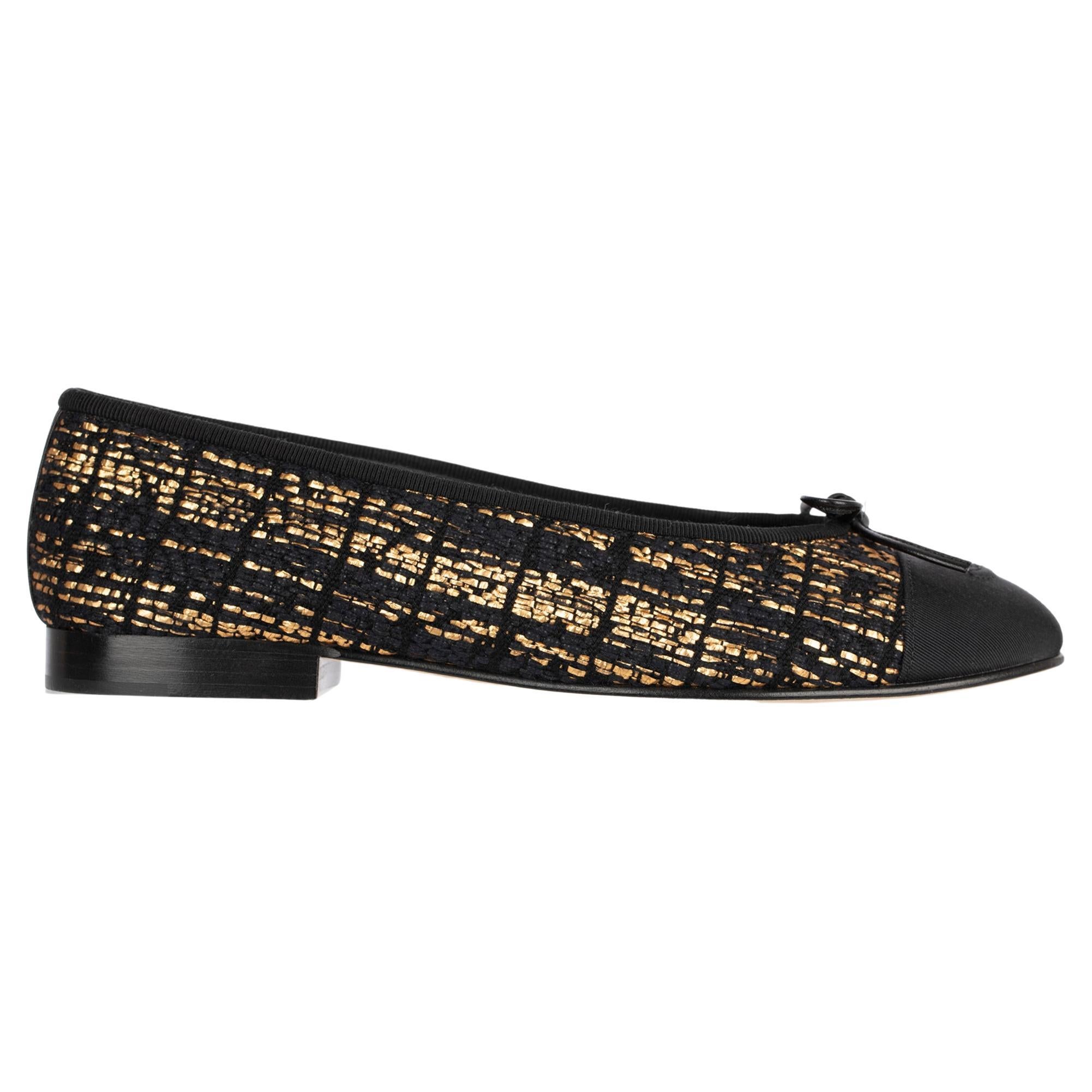 Chanel Black & Gold Tweed ballet Flats 37 FR For Sale