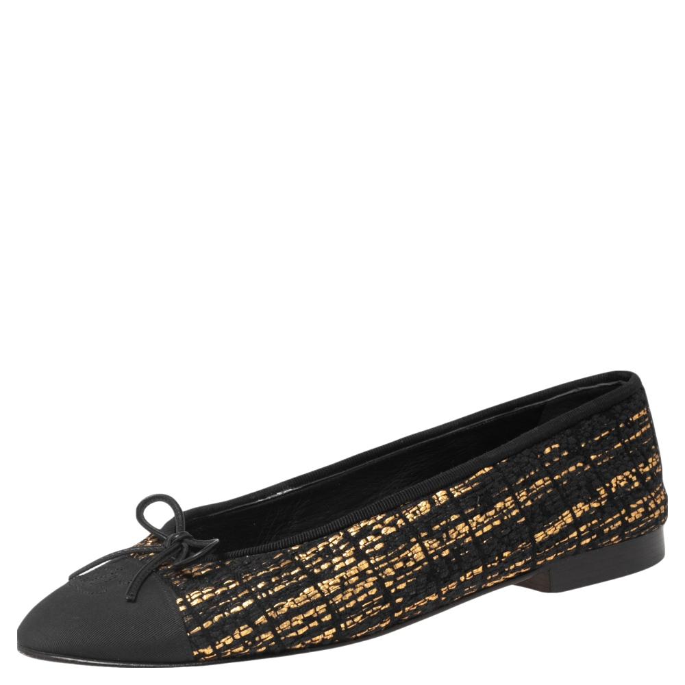 Women's Chanel Black/Gold Tweed Fabric CC Cap Toe Ballet Flats Size 39.5