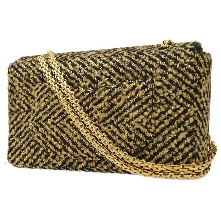 Chanel Black Gold Tweed Lame Stripe Medium Evening Shoulder Flap Bag in Box  For Sale at 1stDibs