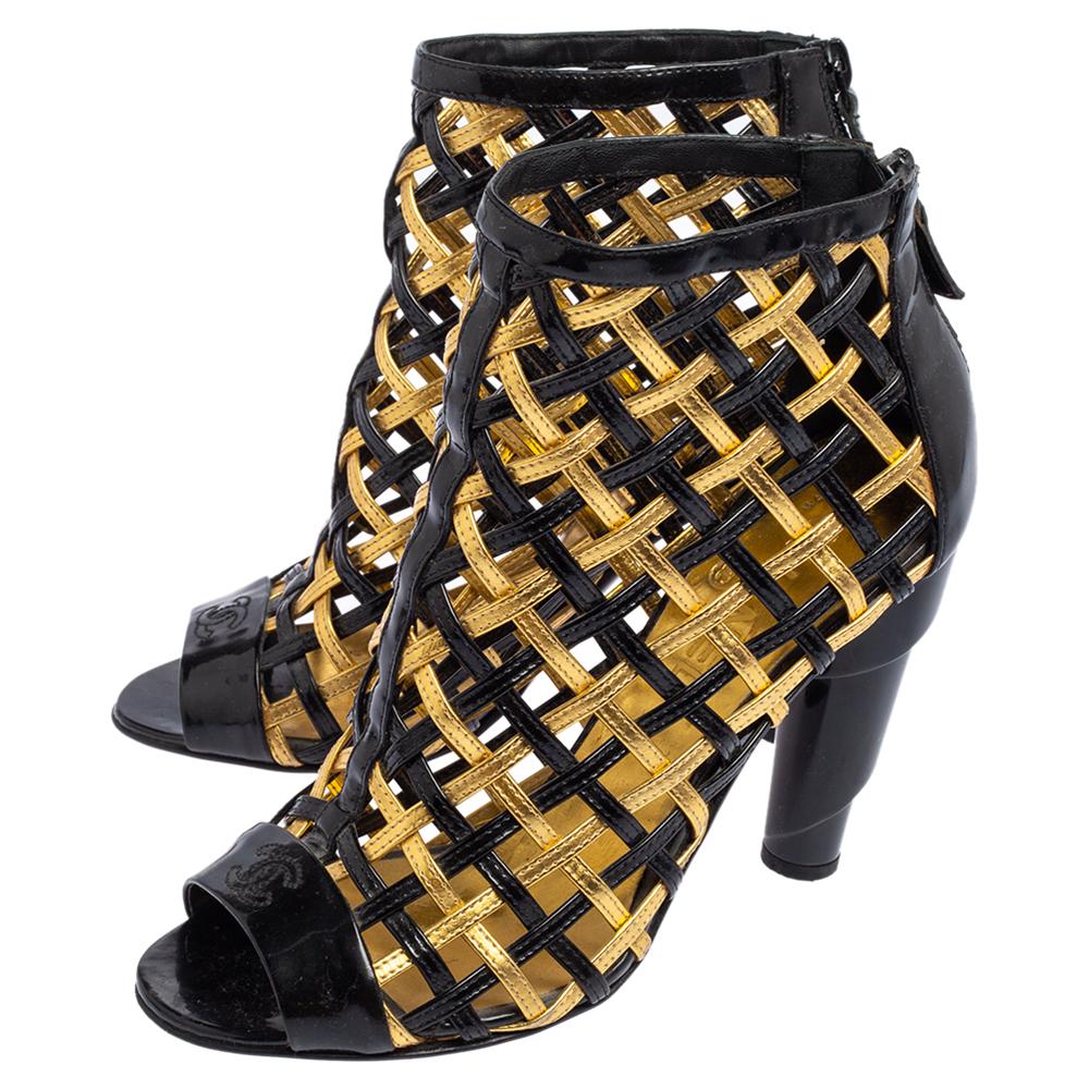 Chanel nero/oro, pelle intrecciata con gabbia, punta aperta e tacco a spirale, stivali taglia 37,5 2