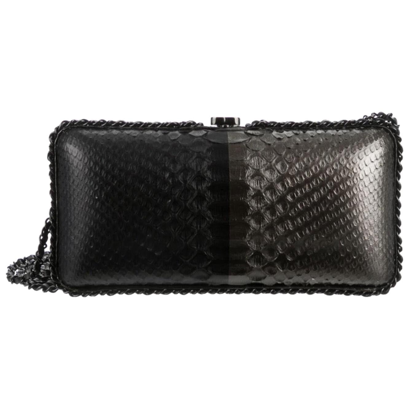 Chanel Black Gray Snakeskin Exotic Leather Small Evening Clutch Shoulder Bag