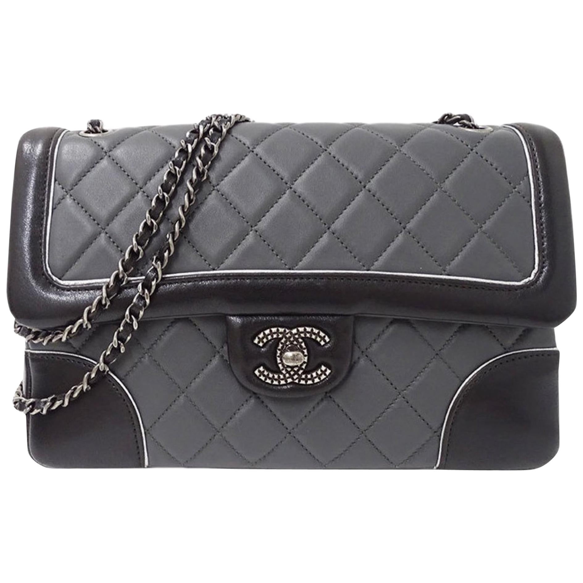 Chanel Black Gray Two Tone Leather Gunmetal Quilted Evening Shoulder Flap Bag