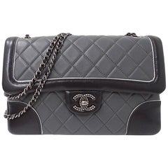 Chanel Negro Gris Dos Tonos Cuero Gunmetal Acolchado Tarde Hombro Flap Bag