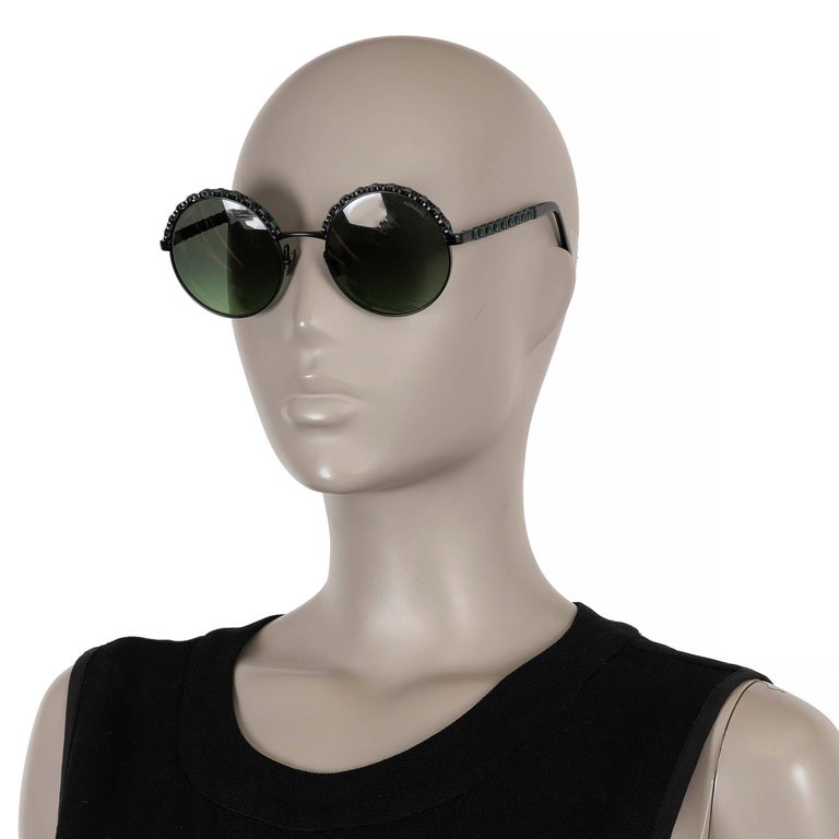 CHANEL black green metal CHAIN TRIM ROUND Sunglasses 4265Q  display picture 1