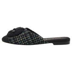 Chanel Black/Green Tweed and Fabric CC Camelia Flat Mules Size 38.5