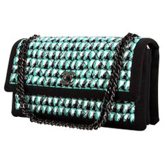 Chanel Black Green White Tweed Houndstooth Crossbody Classic Flap Bag