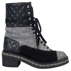 CHANEL black & grey 2016 16B FELT & TWEED LACE-UP Boots Shoes 37