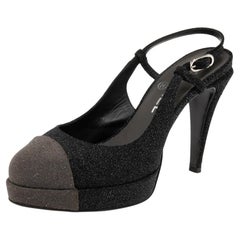 Chanel Black/Grey Glitter Cap Toe Slingback Platform Sandals Size 38