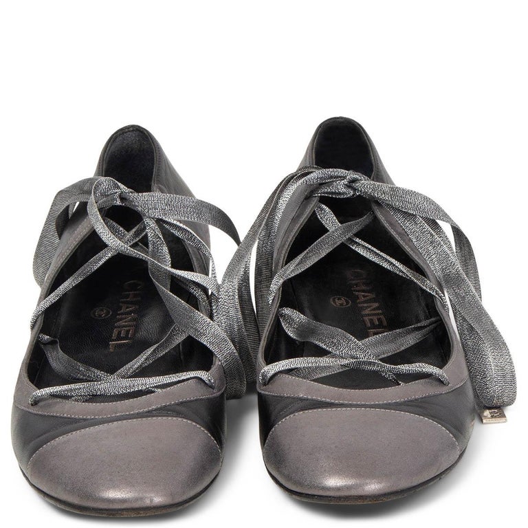 CHANEL black and grey leather LACE UP BALLET Pumps Shoes 37 at 1stDibs chanel ballet pumps