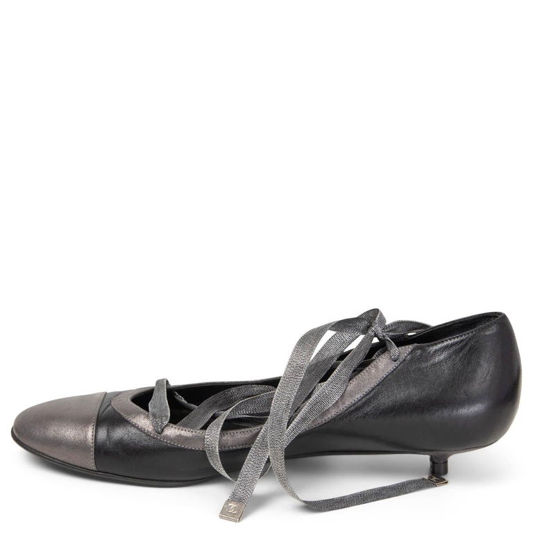 CHANEL black and grey leather LACE UP BALLET Pumps Shoes 37 at 1stDibs chanel ballet pumps