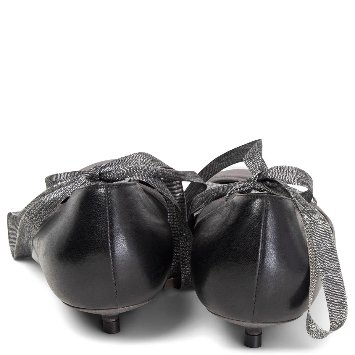 Black CHANEL black & grey leather LACE UP BALLET Pumps Shoes 37