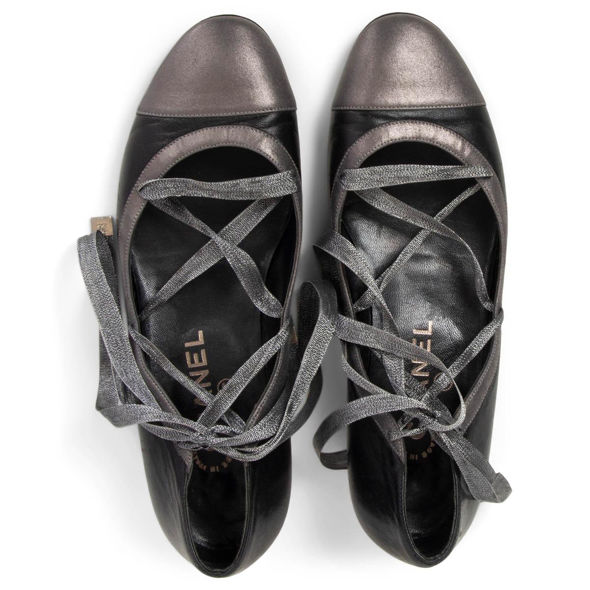 Women's CHANEL black & grey leather LACE UP BALLET Pumps Shoes 37