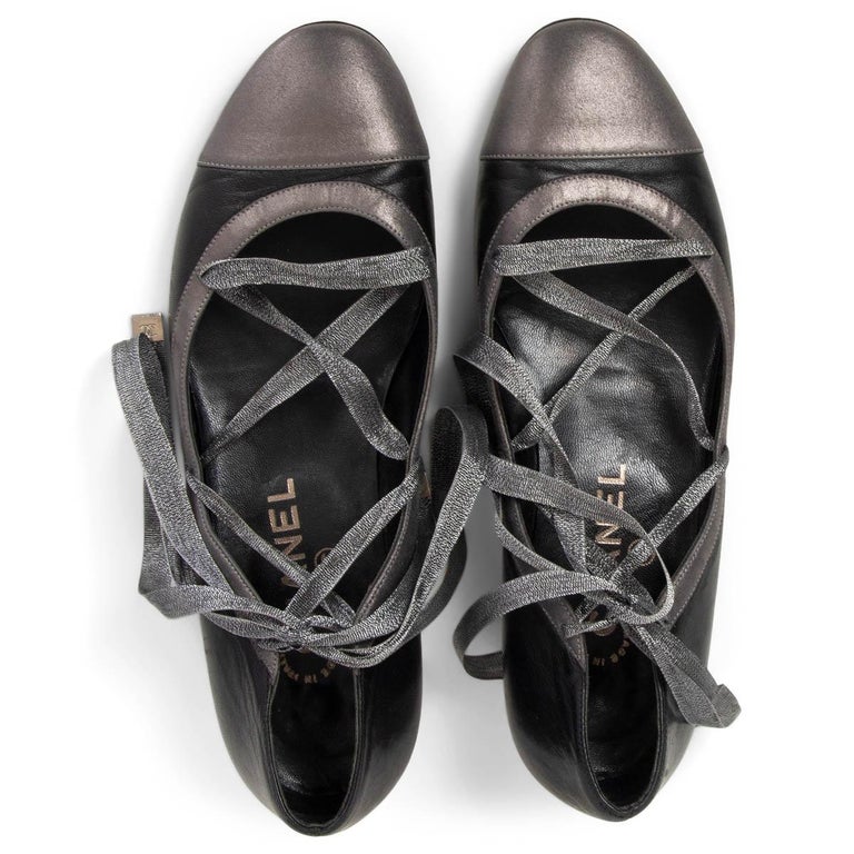 CHANEL black and grey leather LACE UP BALLET Pumps Shoes 37 at 1stDibs chanel ballet pumps