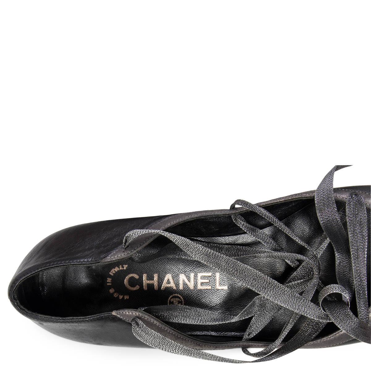 CHANEL black & grey leather LACE UP BALLET Pumps Shoes 37 1