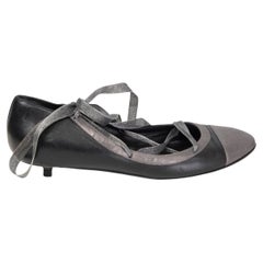 CHANEL black & grey leather LACE UP BALLET Pumps Shoes 37