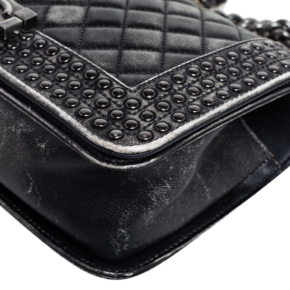 Chanel Black/Grey Quilted Leather Medium Boy Studded Flap Bag 8