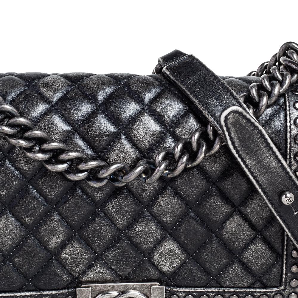 Chanel Black/Grey Quilted Leather Medium Boy Studded Flap Bag 10