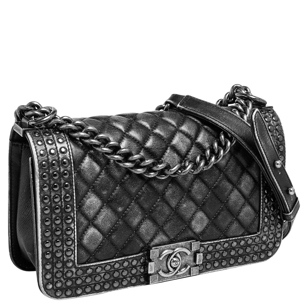 Chanel Black/Grey Quilted Leather Medium Boy Studded Flap Bag In Good Condition In Dubai, Al Qouz 2