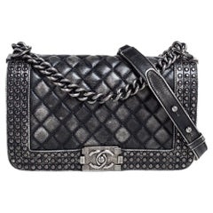 Chanel Black/Grey Quilted Leather Medium Boy Studded Flap Bag at 1stDibs