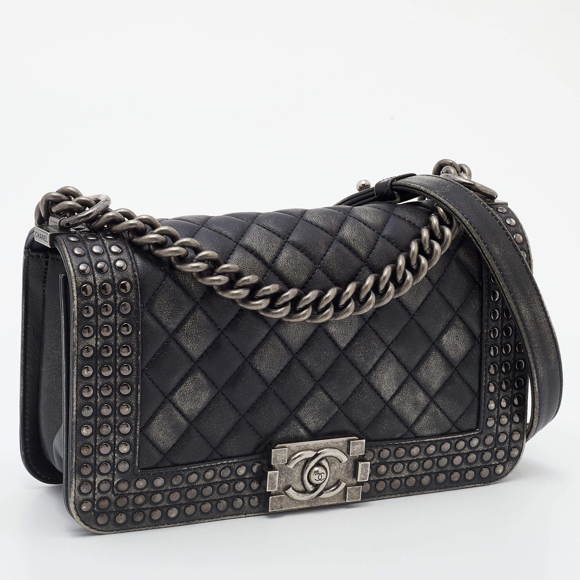 Women's Chanel Black/Grey Quilted Leather Medium Studded Boy Bag