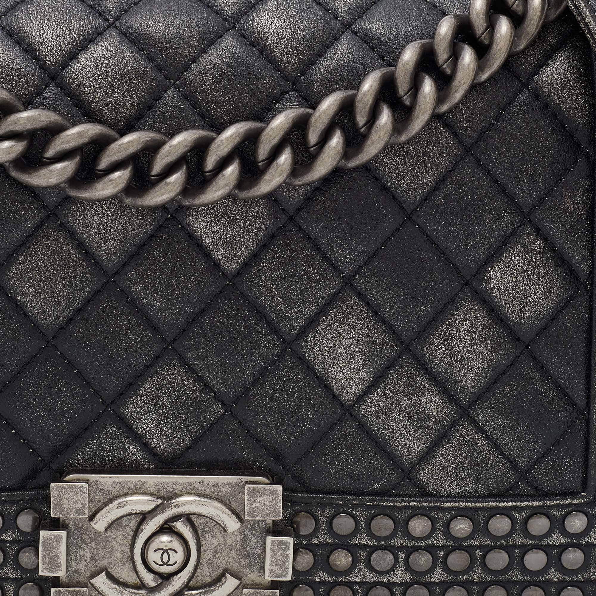 Chanel Black/Grey Quilted Leather Medium Studded Boy Bag 2