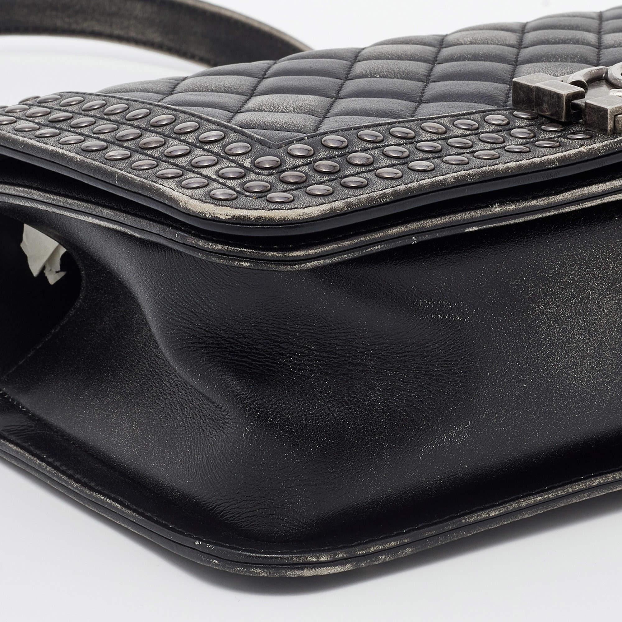 Chanel Black/Grey Quilted Leather Medium Studded Boy Bag 3