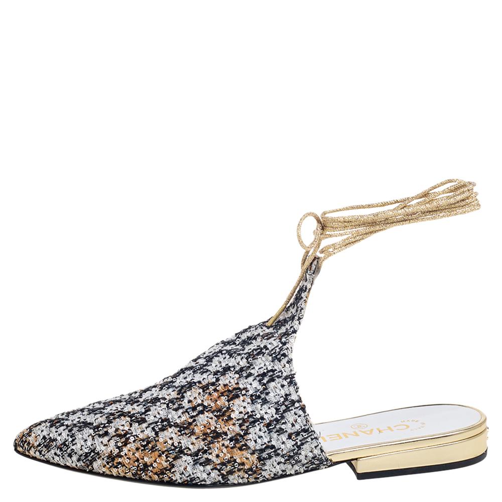 A feminine flair and a sophisticated appeal characterize these Chanel mule sandals. Crafted using quality materials, they will add an opulent charm to your look and complement many looks that you would want to create.

Includes: Original Dustbag