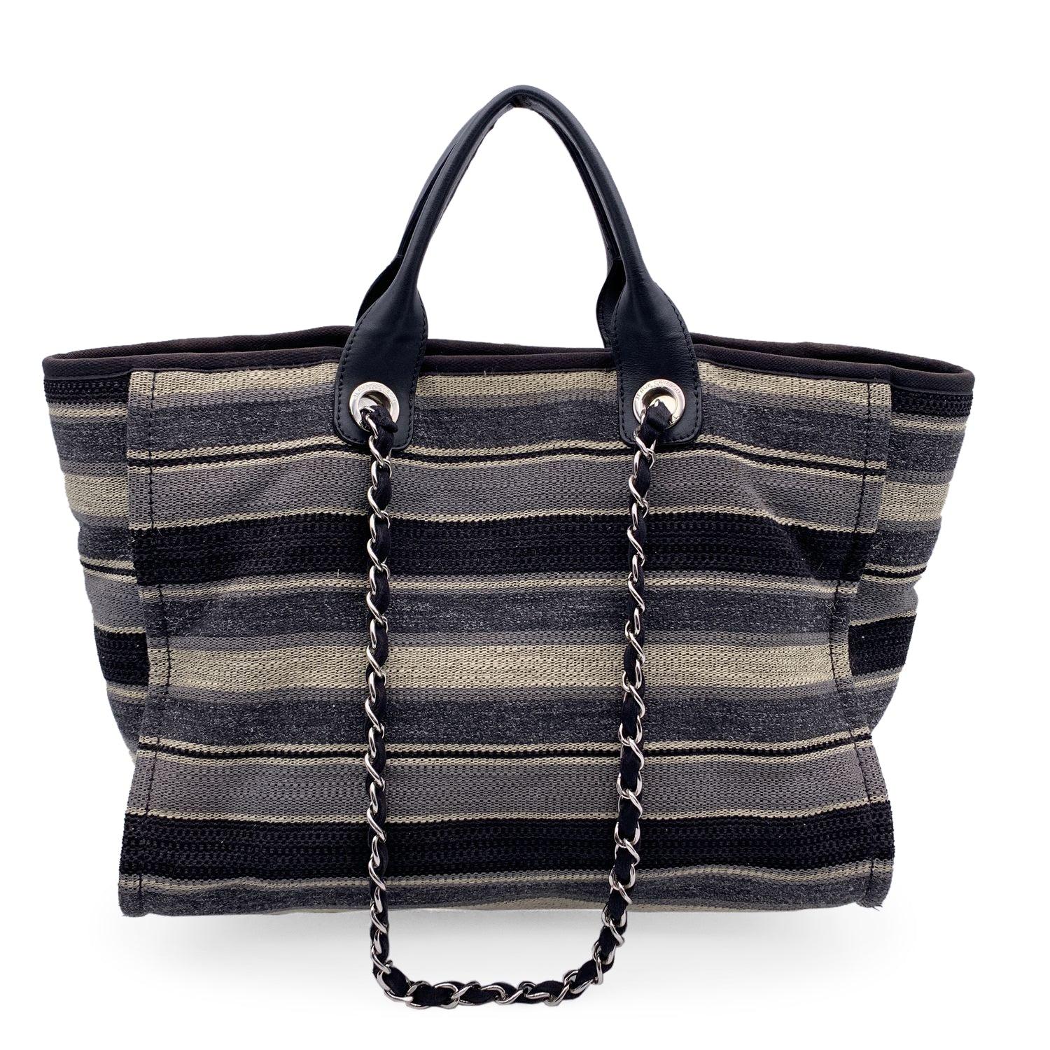 Chanel Black Grey Striped Canvas Medium Deauville Tote Bag In Good Condition For Sale In Rome, Rome