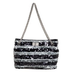 Chanel Black/Grey Striped Sequins and Patent Leather Small Reissue Tote