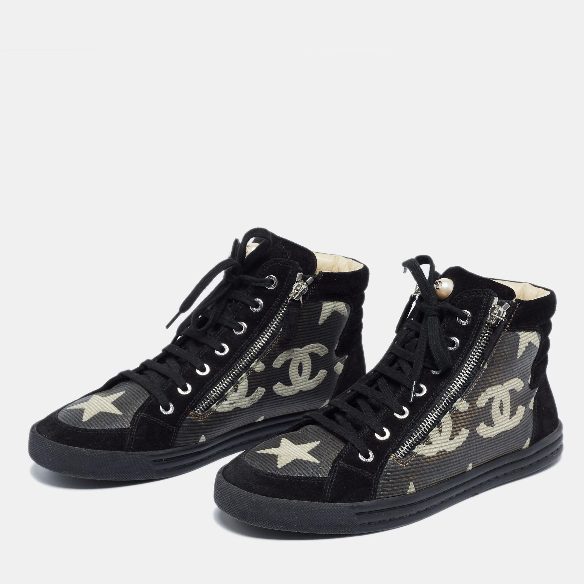 Chanel Black/Grey Suede Leather CC Double Zip Accent High Top Sneakers Size 40.5 1