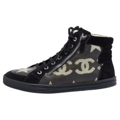 Chanel Black/Grey Suede Leather CC Double Zip Accent High Top Sneakers Size 40.5