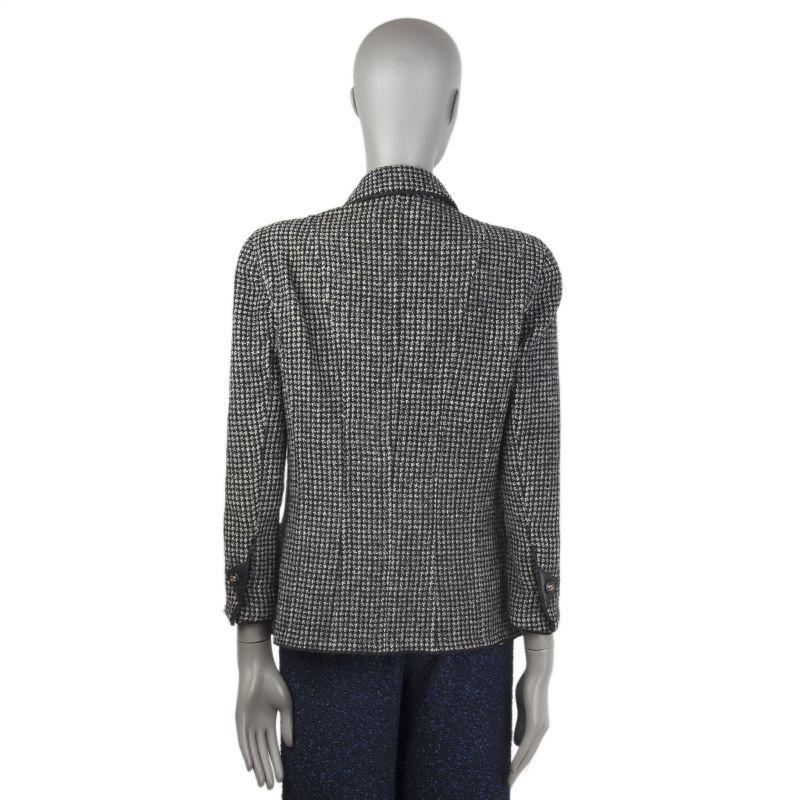 Black CHANEL black & grey wool Tweed Leather Trimmed Blazer Jacket L