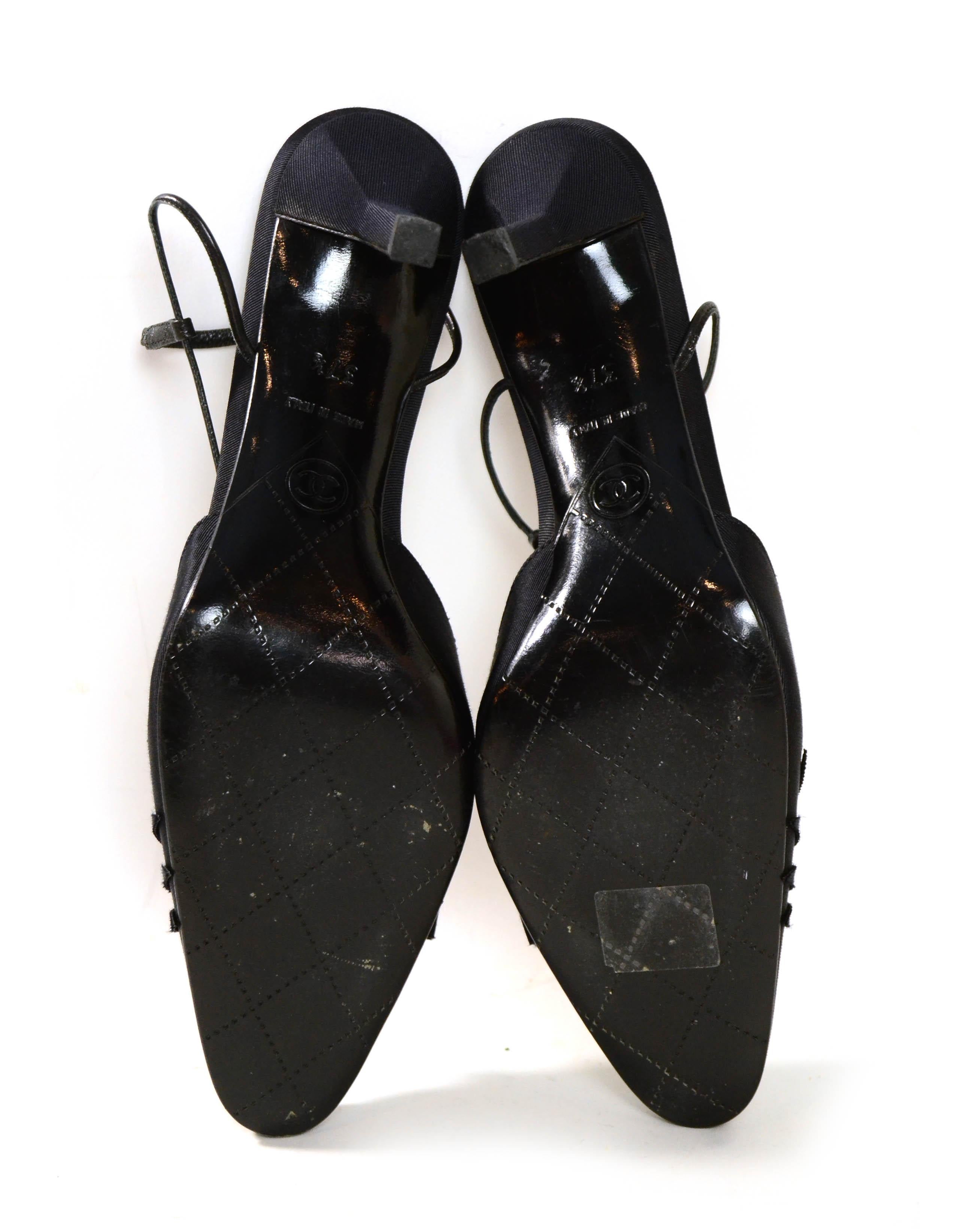 Chanel Negro Grosgain Slingbacks con CC Perla Camelia sz 37.5 2
