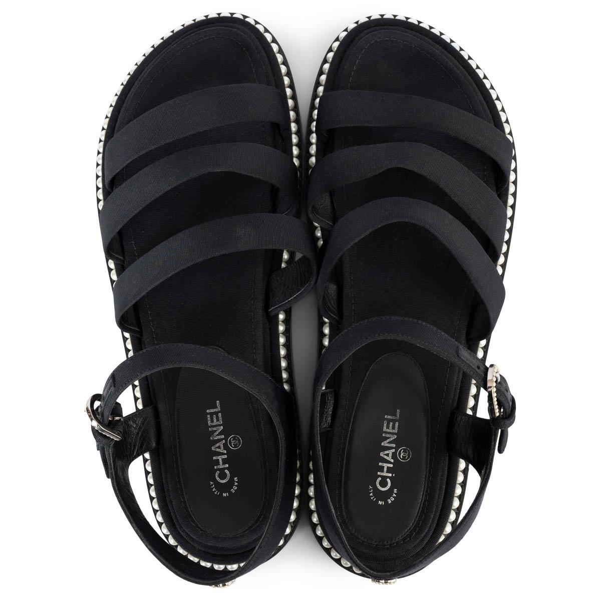 CHANEL black grosgrain 2017 REV PEARL Flat Sandals Shoes 41 fit 40 For Sale 2