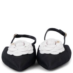 CHANEL black grosgrain 2021 21K CAMELLIA Slingback Flats Shoes 37.5 fit 37