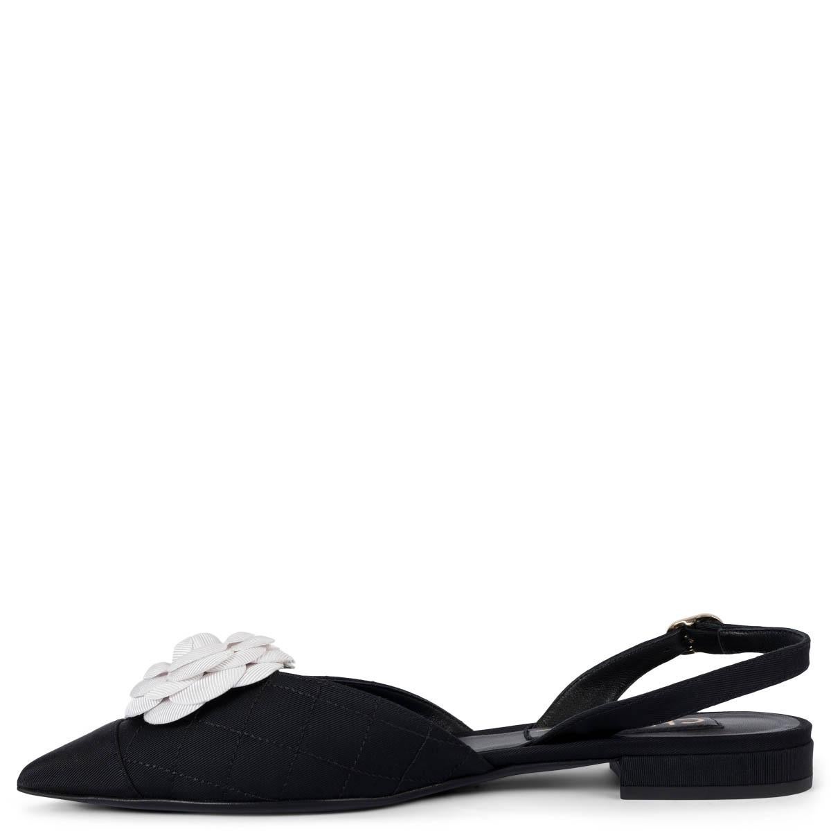 Women's CHANEL black grosgrain 2021 21K CAMELLIA Slingback Flats Shoes 37.5 fit 37