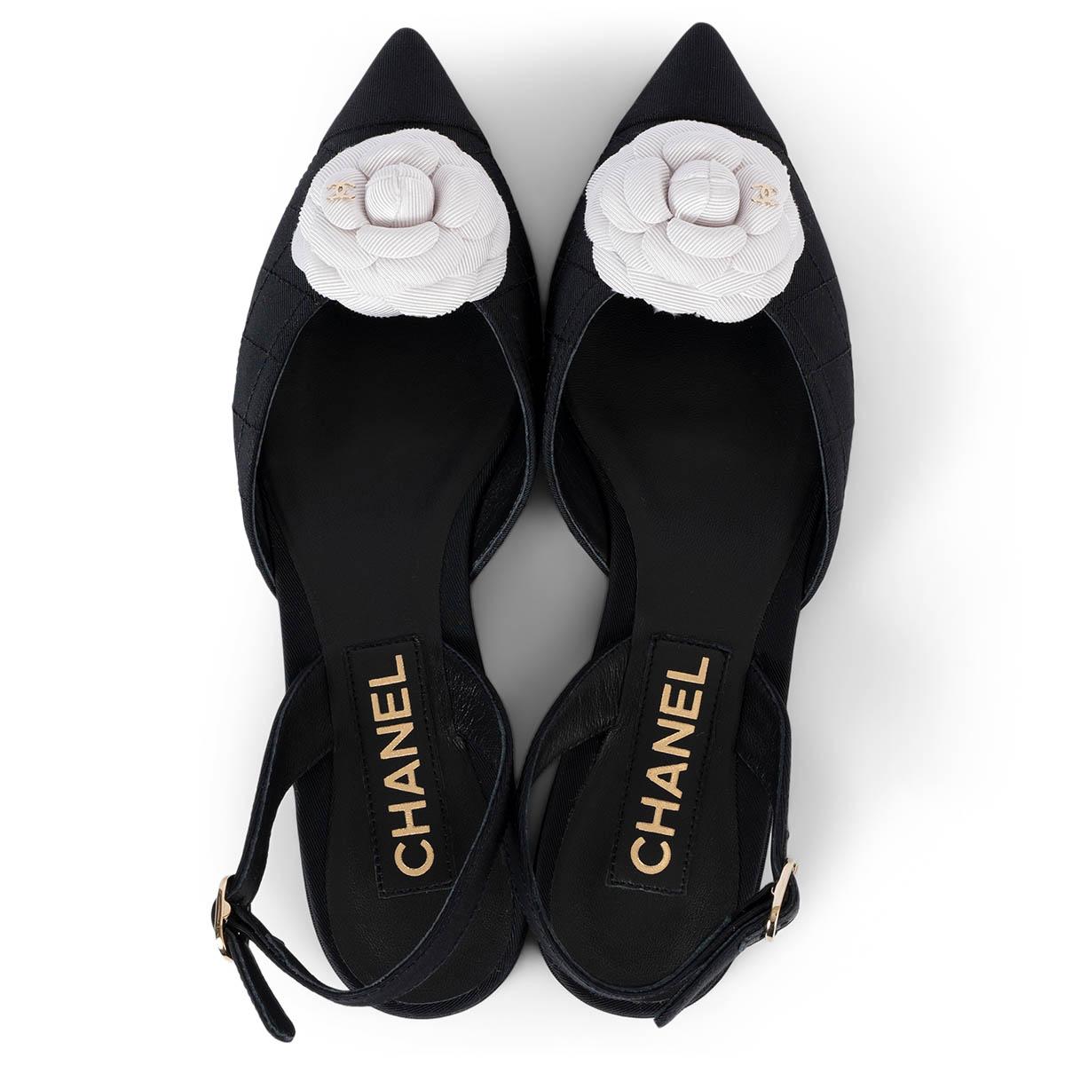 CHANEL black grosgrain 2021 21K CAMELLIA Slingback Flats Shoes 37.5 fit 37 2