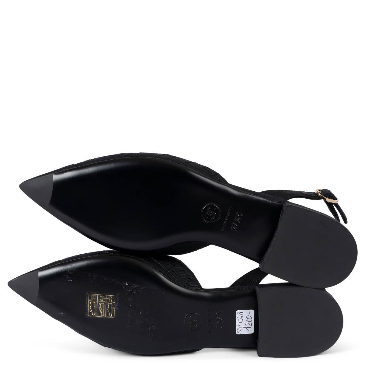 CHANEL black grosgrain 2021 21K CAMELLIA Slingback Flats Shoes 37.5 fit 37 5