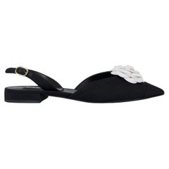 CHANEL black grosgrain 2021 21K CAMELLIA Slingback Flats Shoes 37.5 fit 37