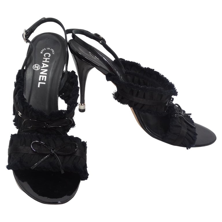 Chanel Black Grosgrain Canvas Bow Slingback Sandals For Sale at