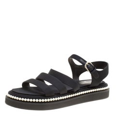 Chanel Black Grosgrain Fabric Faux Pearl Flat Sandals Size 38