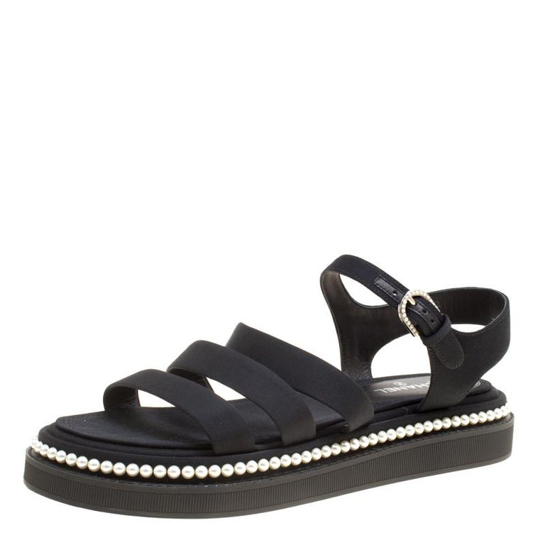 Chanel Black Grosgrain Fabric Faux Pearl Flat Sandals Size 38 at 1stDibs |  chanel grosgrain sandals, chanel pearl sandals, chanel grosgrain black  sandals