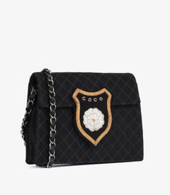 Chanel Black Grosgrain Silk & Lambskin Leather Vintage Coco Crest Mini Flap Bag