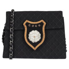 Chanel Black Grosgrain Silk & Lambskin Leather Vintage Coco Crest Mini Flap Bag