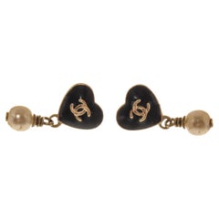 Chanel Black Heart CC Dangle Pearl Earrings