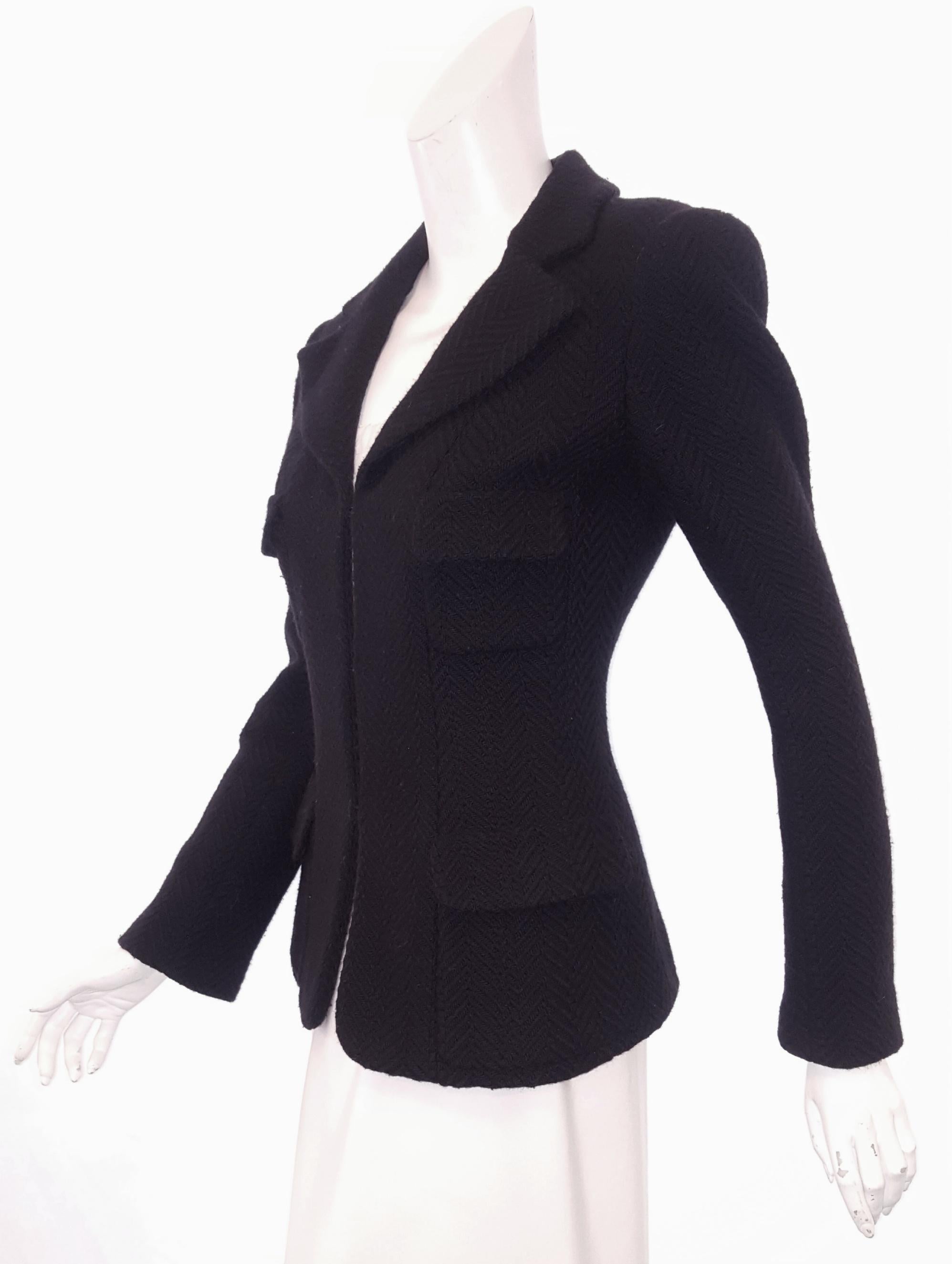 Chanel Black Herringbone Wool 2006 Fall Collection Jacket 40 In Excellent Condition For Sale In Palm Beach, FL